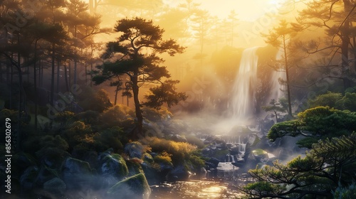 Waterfall in a misty forest at sunrise with golden light illuminating trees and foliage. Digital nature landscape art. © svdolgov