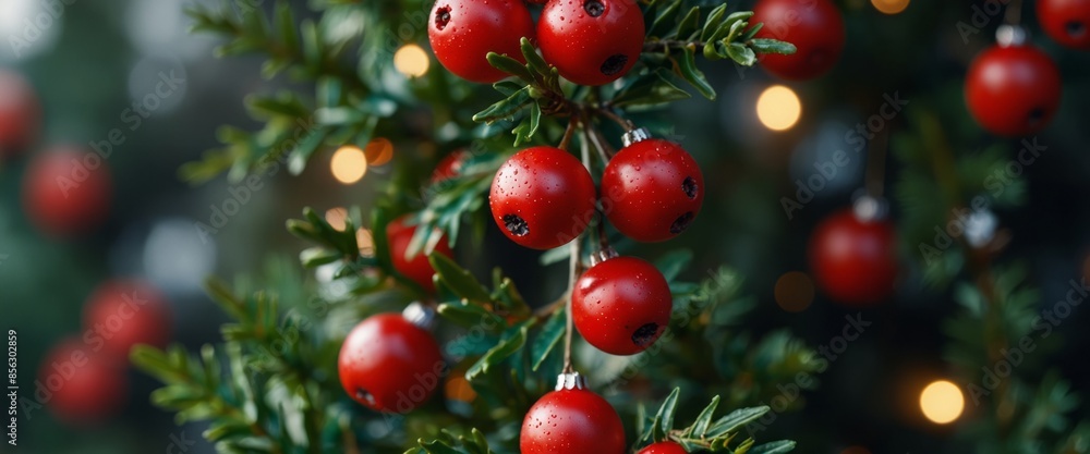 red holly berries and Christmas tree with festive defocused bokeh, holidays background. red holly berries and Christmas tree with festive defocused bokeh, holidays background.