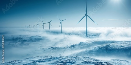 Wind turbines in a snowy landscape generating renewable energy, highlighting sustainable technology and the power of wind in winter, Generative AI
