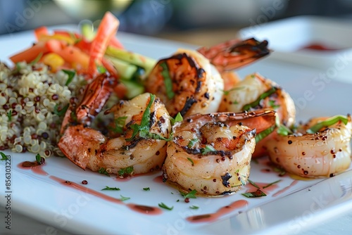 A beautifully arranged plate of grilled shrimp with a side of quinoa and vegetables