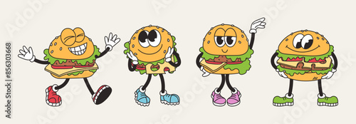 Set of retro groovy burger characters. Funny vintage mascot, vector elements, food. Junk Food. Cartoon illustration