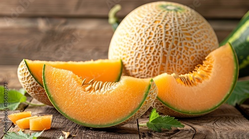 Fresh and juicy ripe muskmelon sliced from the whole fruit, isolated on a wooden background.  photo