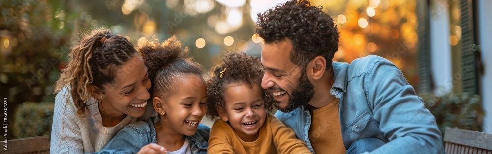 Happy Family Gathering Outdoors: Smiling Faces at Table Happy Family Gathering Outdoors: Smiling Faces at Table