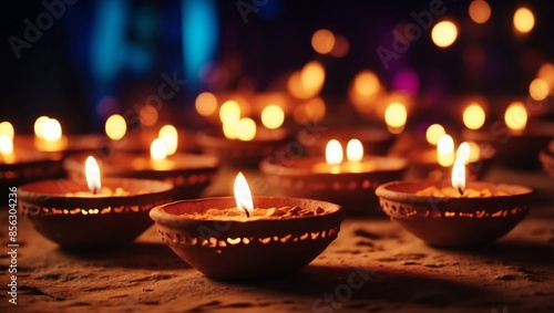 Traditional clay diya lamps lit during Diwali celebration.