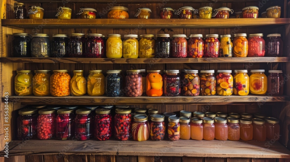 Home food storage room. Various jars with Home Canning Fruits and Vegetables jam on shelves. Home food storage room. Various jars with Home Canning Fruits and Vegetables jam on shelves.