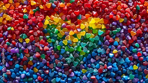 Rainbow-colored candy pieces forming a heart shape, making for a sweet and vibrant display.