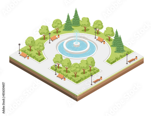 Isometric city park landscape design concept with water fountain vector illustration, isolated on white background