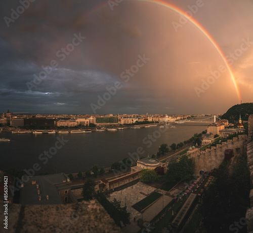 Rainbow over Budapest, Hungary in summer