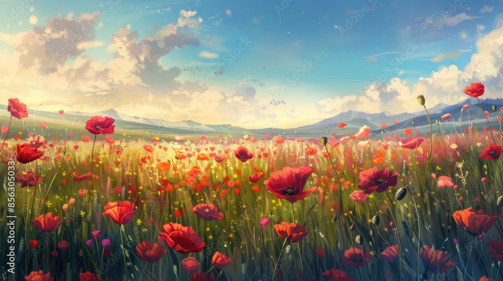 Fototapeta premium Spring meadow filled with poppies