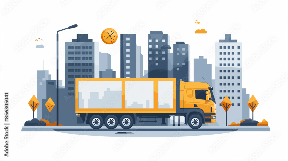 Illustration of a fast delivery truck making delivery at night, in the background city buildings at night. On time deliveries for online shopping