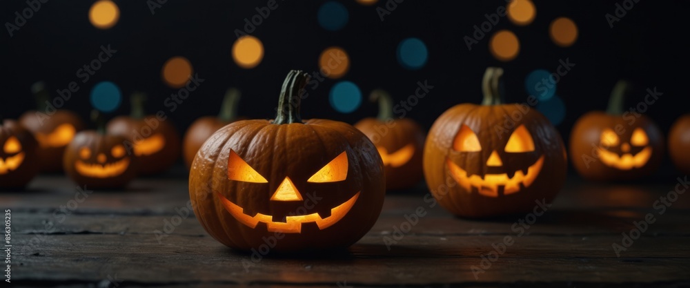 Fototapeta premium Pumpkins and bats on a dark background Halloween holiday concept.