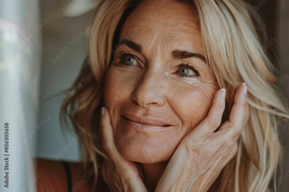 Middle-aged woman take care of herself, mirror care, wellness cosmetics for middle-aged people Middle-aged woman take care of herself, mirror care, wellness cosmetics for middle-aged people