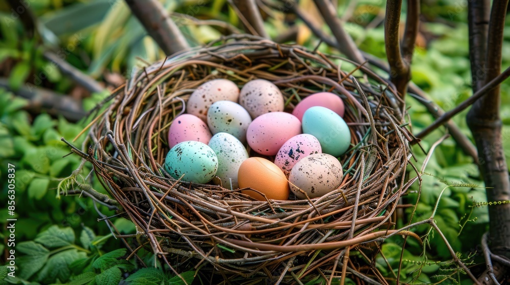 Fototapeta premium Charming picture of Easter nest filled with eggs
