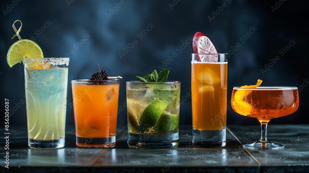 Summer cocktails in glasses showcased against a dark background, highlighting a selection of delicious bar drinks. Summer cocktails in glasses showcased against a dark background, highlighting a selection of delicious bar drinks.