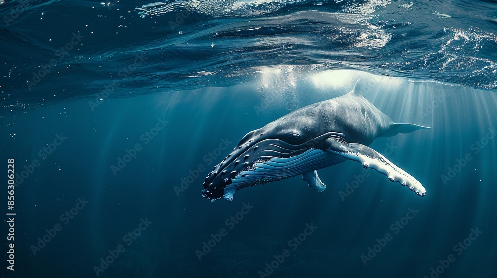 Fototapeta premium Humpback whale plays near the surface in blue water.