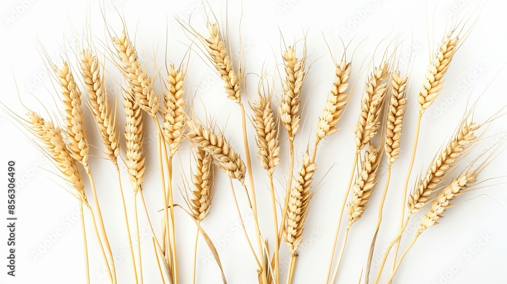 Wheat stalks on a white backdrop with full clarity, ready for use in packaging design. Wheat stalks on a white backdrop with full clarity, ready for use in packaging design.