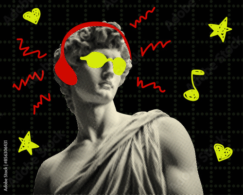 modern music collage design with antique statue of young man retro halftone grunge dotted texture bright doodle y2k elements headphones sunglasses hearts musical notes black background