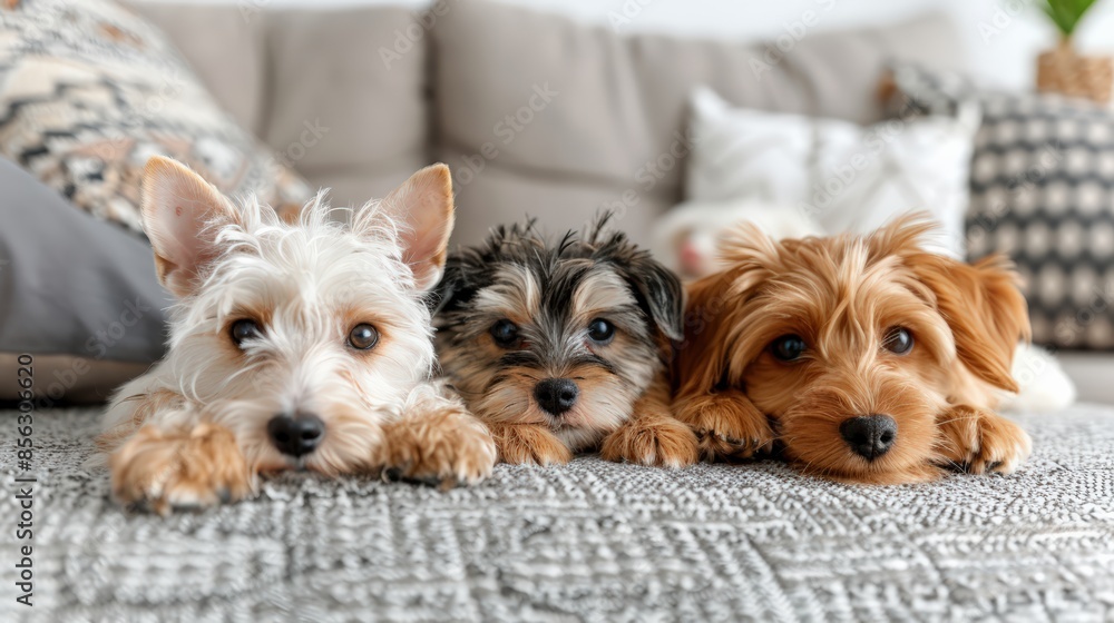 Three adorable puppies lying on a cozy couch, gazing affectionately into the camera in a comfortable home setting. Three adorable puppies lying on a cozy couch, gazing affectionately into the camera in a comfortable home setting.
