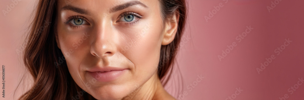 Mature lady close up portrait. Skin care natural beauty, cosmetics, cosmetology concept. Beautiful middle age woman looking at camera isolated on pink bacground with copy space Mature lady close up portrait. Skin care natural beauty, cosmetics, cosmetology concept. Beautiful middle age woman looking at camera isolated on pink bacground with copy space