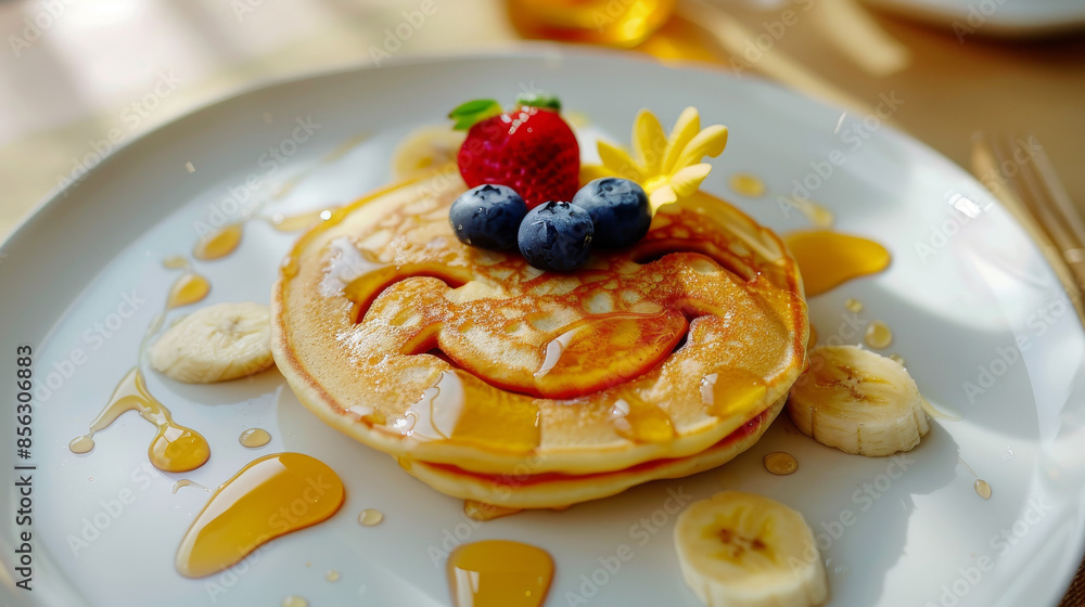 a stack of pancakes shaped like a smiling sun, complete with rays made from sliced bananas and eyes and a mouth made from blueberries and strawberries. 