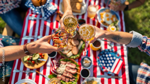 a  of friends clinking glasses and toasting to Independence Day at a picnic table laden with food, Independence Day, Usa, 4th july, American flag, picnics, barbecues,