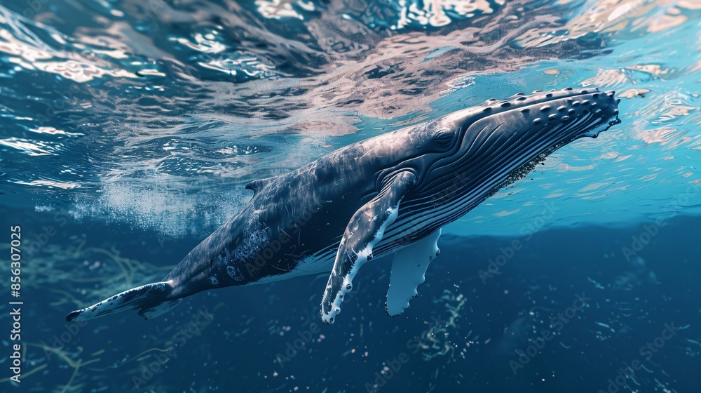 Fototapeta premium Humpback whale displays its magnificence in turquoise blue ocean.