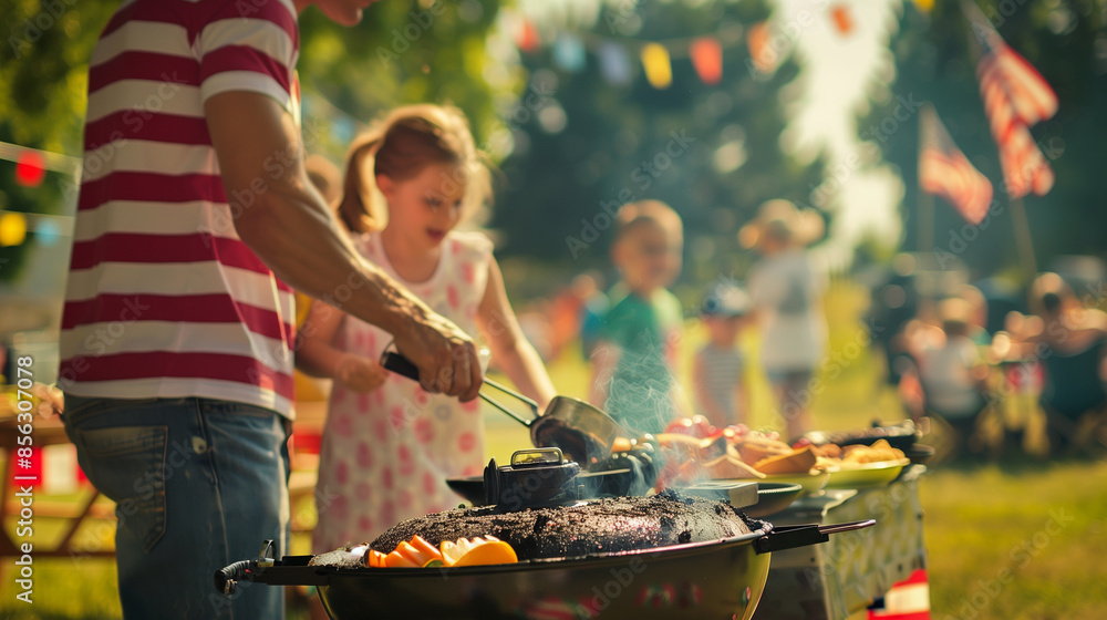 Fototapeta premium a detailed image of a couple grilling together while children play in the background, all enjoying the festivities, Independence Day, Usa, 4th july, American flag, picnics, barbecu