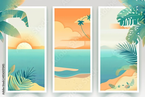 Three-panel tropical beach illustration set with a modern abstract design, presented as a background and wallpaper for a fresh feel