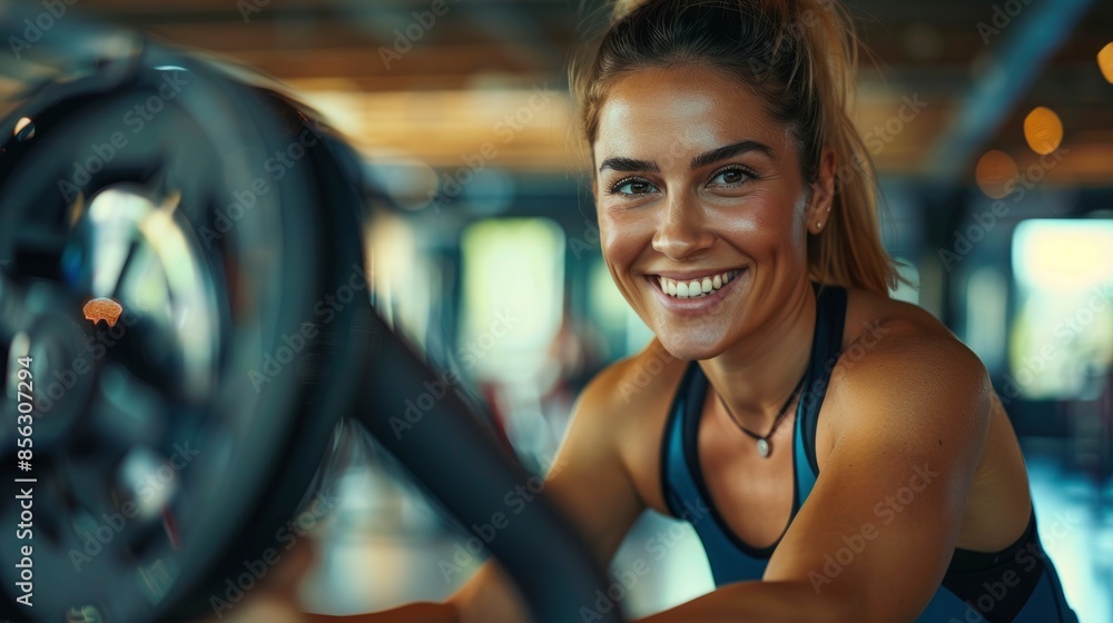 Fototapeta premium Smiling Sporty Woman Cycling At A Health Club, Feeling Fit And Energized