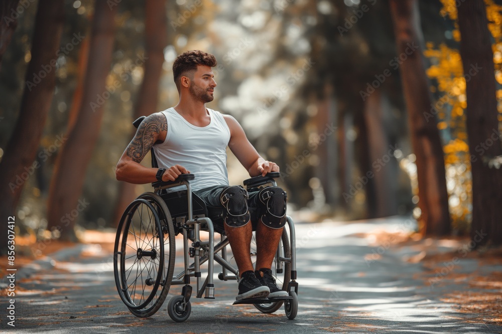 A fit young man with tattoos navigates a wheelchair on a scenic trail surrounded by autumn foliage A fit young man with tattoos navigates a wheelchair on a scenic trail surrounded by autumn foliage