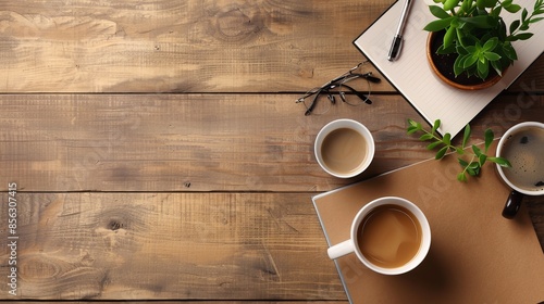 Work desk with coffee mug, notebook, and eyeglasses. Wooden surface background. Space for text.