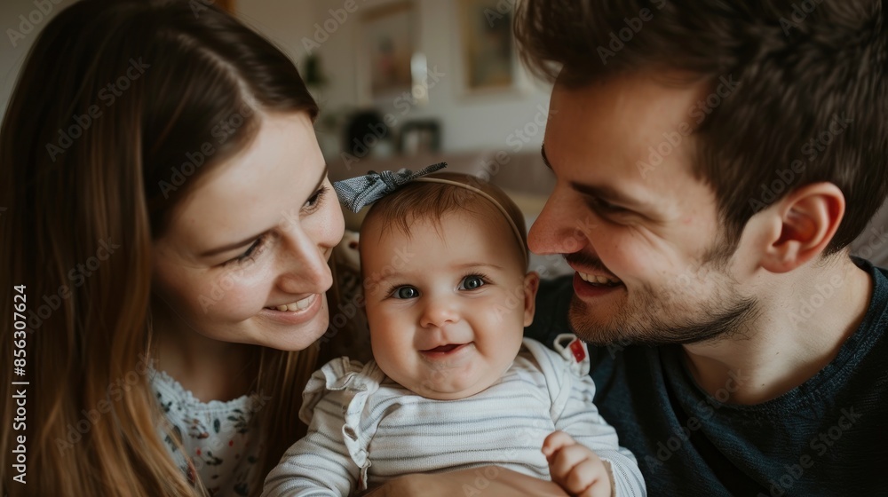 Smiling Young Parents With Their Baby Girl At Home, Sharing A Moment Of Family Bliss Smiling Young Parents With Their Baby Girl At Home, Sharing A Moment Of Family Bliss