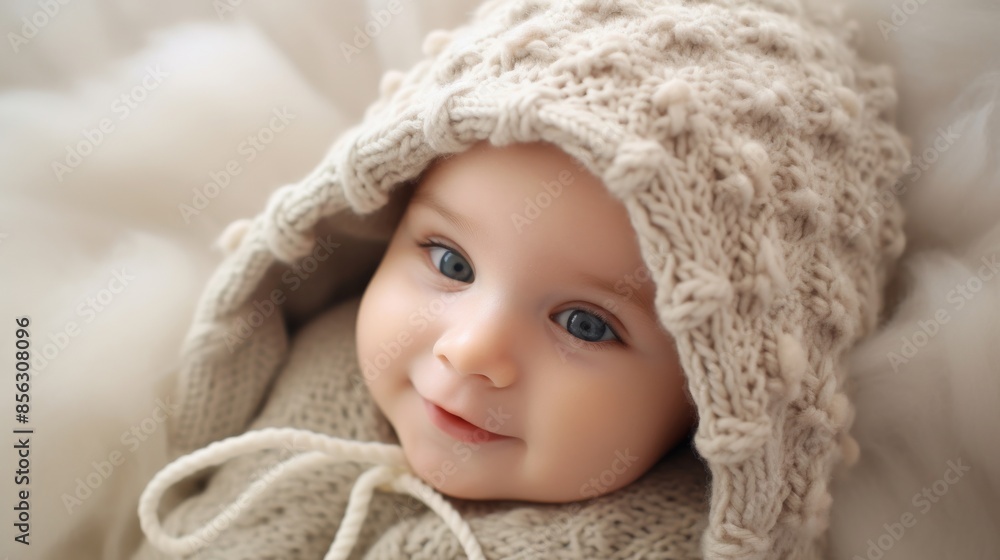Baby wearing adorable knitted bonnet, cozy and cute Baby wearing adorable knitted bonnet, cozy and cute