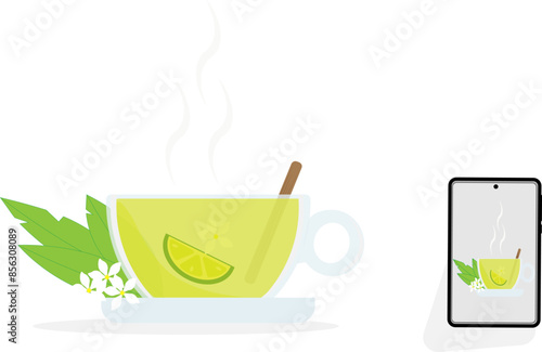 A transparent cup with green tea, with lemon and a cinnamon stick, with a saucer and a phone taking pictures of her