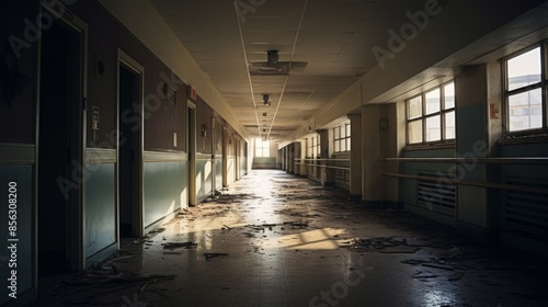 Abandoned hospital hallway boarded up. © stocksbyrs