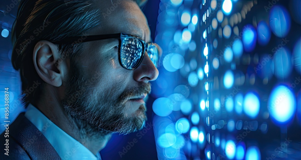 A man wearing glasses is looking at a computer screen with a blue background A man wearing glasses is looking at a computer screen with a blue background