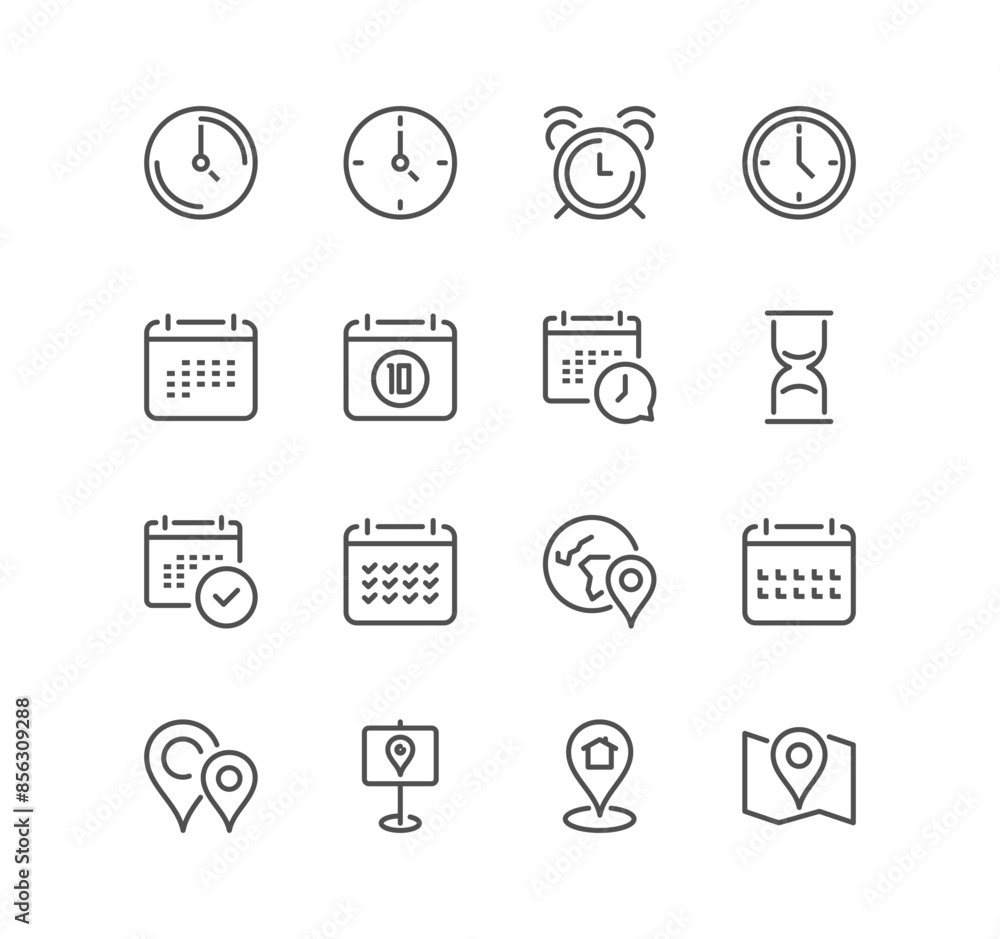 Set of time and address related icons, contact, date, countdown, schedule business and linear variety vectors.
Set of time and address related icons, contact, date, countdown, schedule business and linear variety vectors.