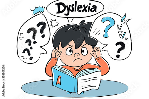 Child with dyslexia reading book with dancing letters. Concept of Dyslexia awareness and human brain development