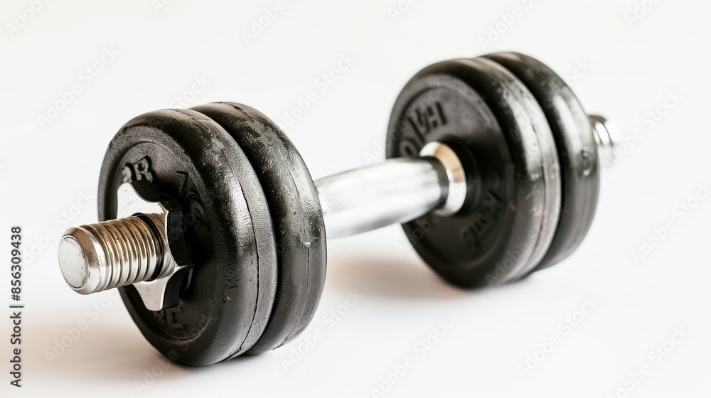 Close-up of a metal dumbbell with removable, screw-on black plates for strength training on a white background. Close-up of a metal dumbbell with removable, screw-on black plates for strength training on a white background.