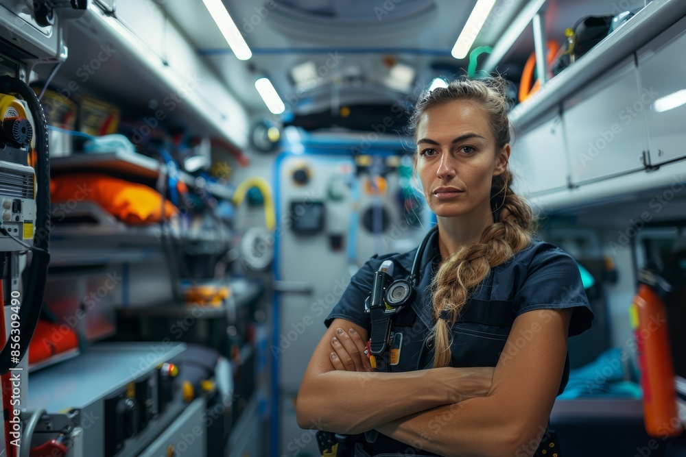 Female paramedic with crossed arms and determined look inside ambulance Female paramedic with crossed arms and determined look inside ambulance