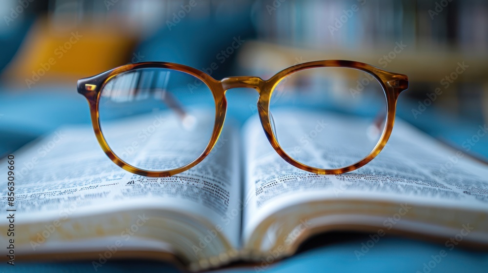 Brown Glasses on Open Book with Text - Focus and Concentration Concept Brown Glasses on Open Book with Text - Focus and Concentration Concept