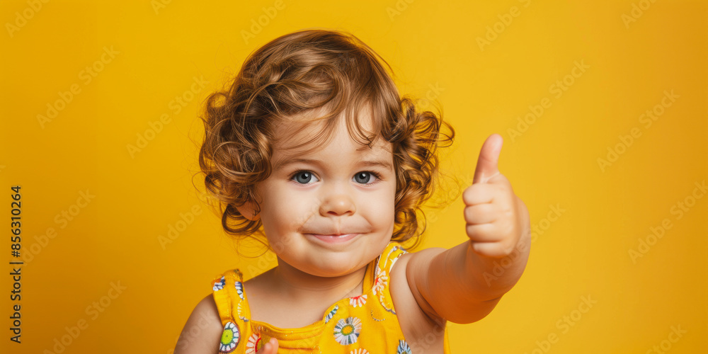 Happy toddler girl gives thumbs up against yellow background Happy toddler girl gives thumbs up against yellow background