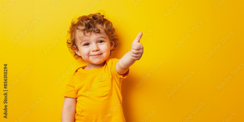 Smiling toddler giving thumbs up against yellow background Smiling toddler giving thumbs up against yellow background