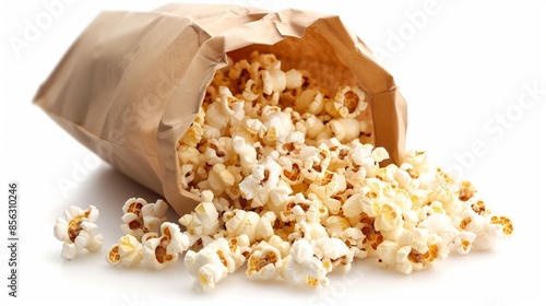 Paper bag with scattered fresh popcorn on a white background close-up. photo