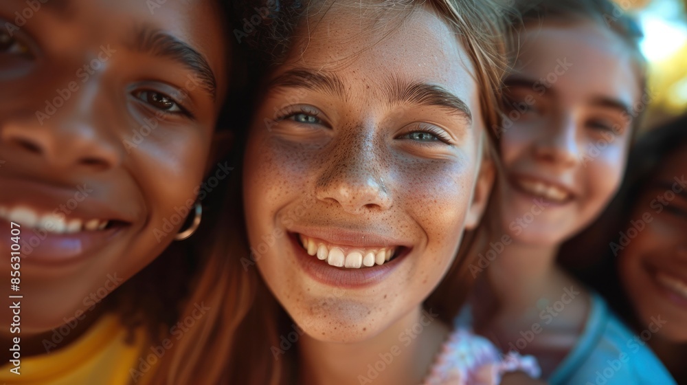 Teenage School Friends Smile Close Up To The Camera, Their Faces Radiating Happiness And Camaraderie