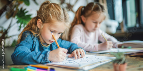 Two young girls drawing together at a wooden table indoors