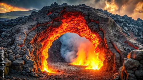 Gateway to hell through volcanic vent with hot lava and smoke , hell, volcanic, vent, dangerous, journey, landscapes, lava photo