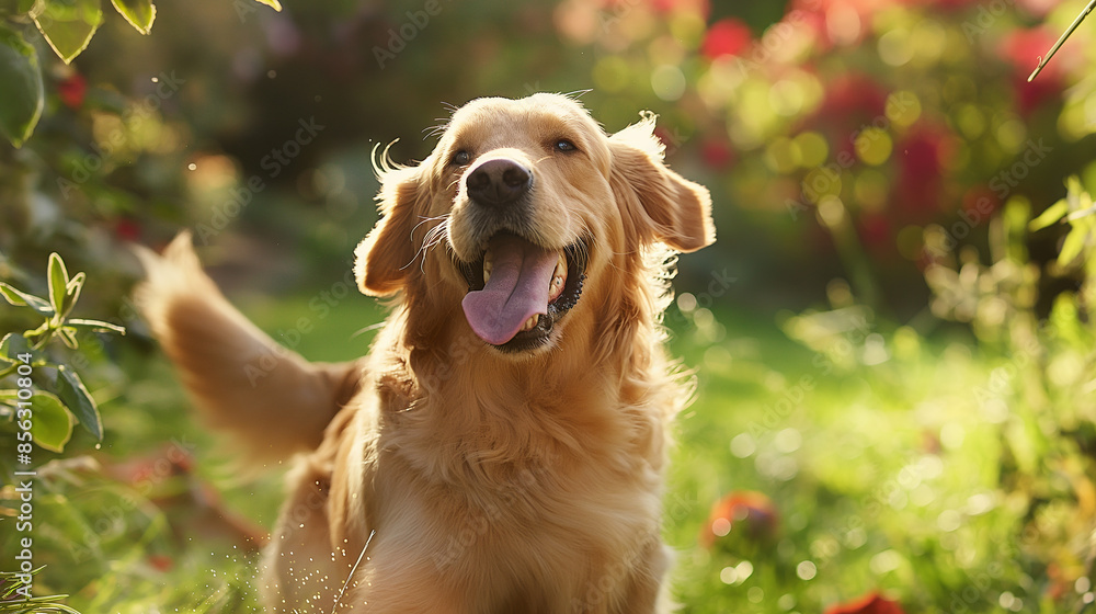 Happy golden retriever dog enjoying sunlight in the garden with green grass and outdoors scene Happy golden retriever dog enjoying sunlight in the garden with green grass and outdoors scene