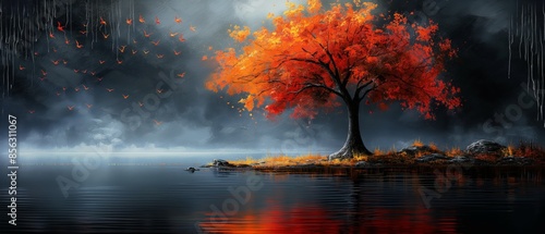 oil painting style illustration , red maple tree at lake with misty fog drifting  photo
