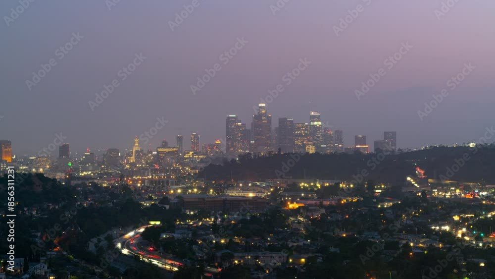 Timelapse of downtown Los Angeles skyline at sunset Timelapse of downtown Los Angeles skyline at sunset